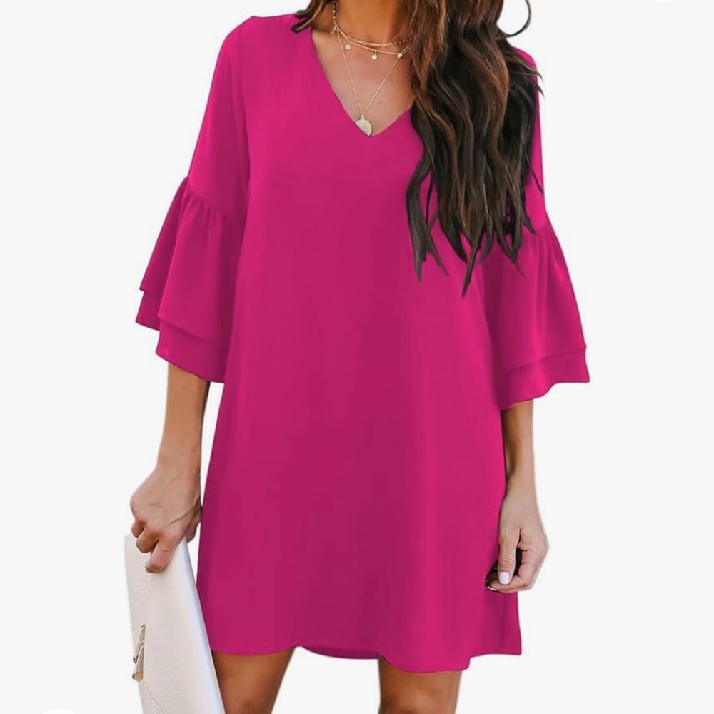 BELONGSCI Women's 2024 Summer Dress Sweet & Cute V-Neck Bell Sleeve Shift Dress